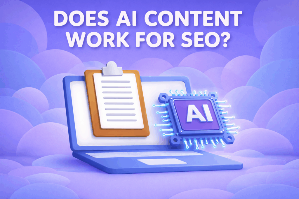 Ilustración en 3D que muestra un ordenador portátil con un portapapeles y un chip de IA brillante en la pantalla, sobre un fondo redondeado azul-púrpura, que representa la cuestión de si el contenido generado por IA funciona para el SEO.