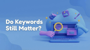 3D cartoon illustration of a blue laptop with purple and blue hands using a yellow magnifying glass on the screen. Floating icons of paint, a picture, and a brush are above it. White text on the left reads, 