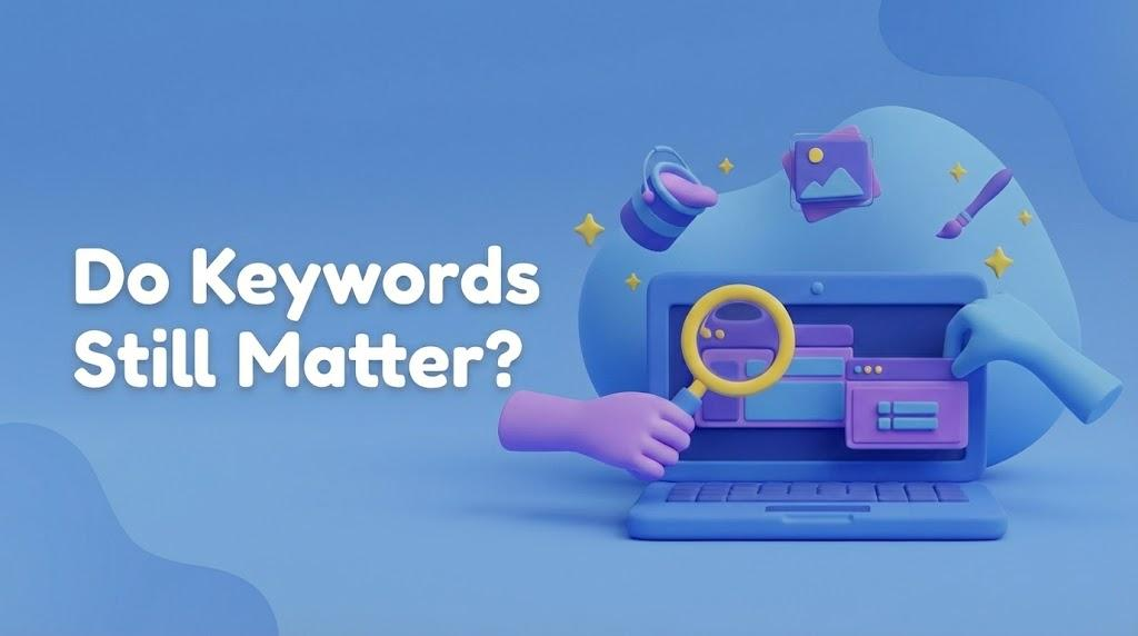 3D cartoon illustration of a blue laptop with purple and blue hands using a yellow magnifying glass on the screen. Floating icons of paint, a picture, and a brush are above it. White text on the left reads, 