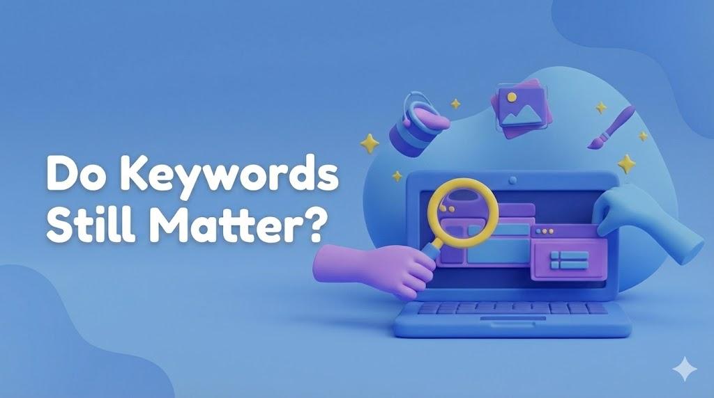 3D cartoon illustration of a blue laptop with purple and blue hands using a yellow magnifying glass on the screen. Floating icons of paint, a picture, and a brush are above it. White text on the left reads, 