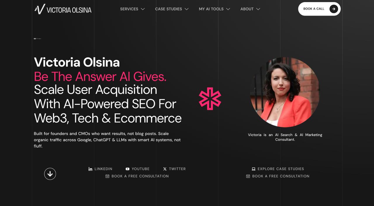 암호화폐 브랜드를 위한 독립적인 웹3.0 SEO 컨설팅 및 LLM 콘텐츠 최적화 전문성을 갖춘 빅토리아 올시나 홈페이지