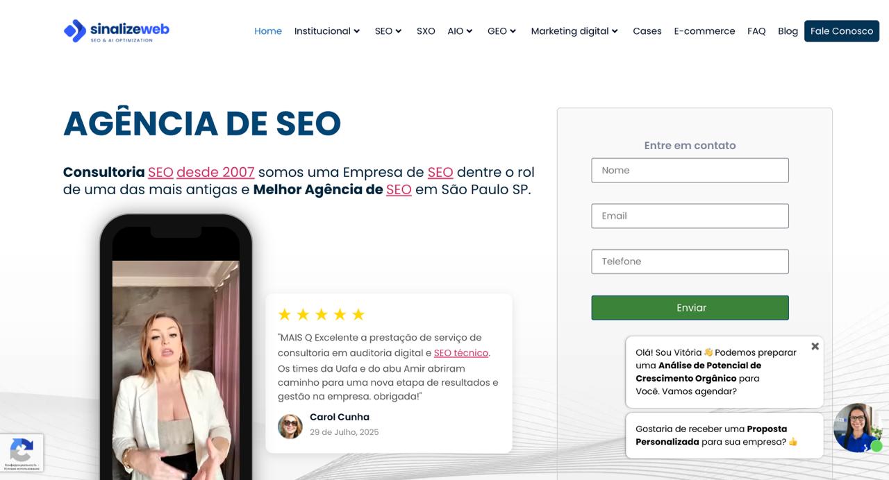 Die Homepage von SinalizeWeb Brasilien präsentiert 17 Jahre SEO-Expertise und AI-Optimierungsdienste für portugiesischsprachige Märkte
