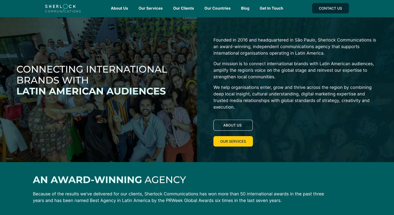 Homepage der PR-Agentur Sherlock Communications São Paulo mit KI-Suchkompetenz und Markteintritt in LATAM
