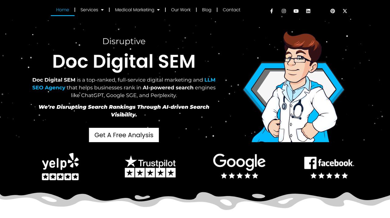 Doc Digital SEM Homepage präsentiert plattformübergreifende LLM-Optimierung über ChatGPT Gemini Claude und Perplexity