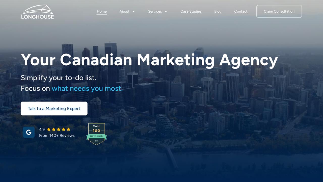 La homepage di Longhouse Branding and Marketing mostra il framework proprietario di ottimizzazione AnswerMapping AI per le aziende locali canadesi
