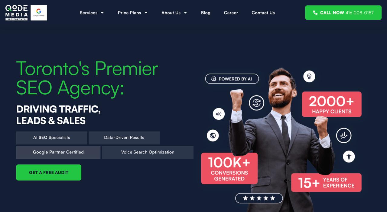 La homepage di Qode Media Toronto mette in evidenza i servizi di ottimizzazione della ricerca AI generativa e l'esperienza SEO certificata da Google Partner