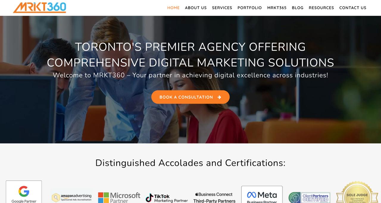 La homepage di Mrkt360 Toronto presenta soluzioni SEO basate sull'AI con funzionalità multilingue e tecnologie di marketing avanzate