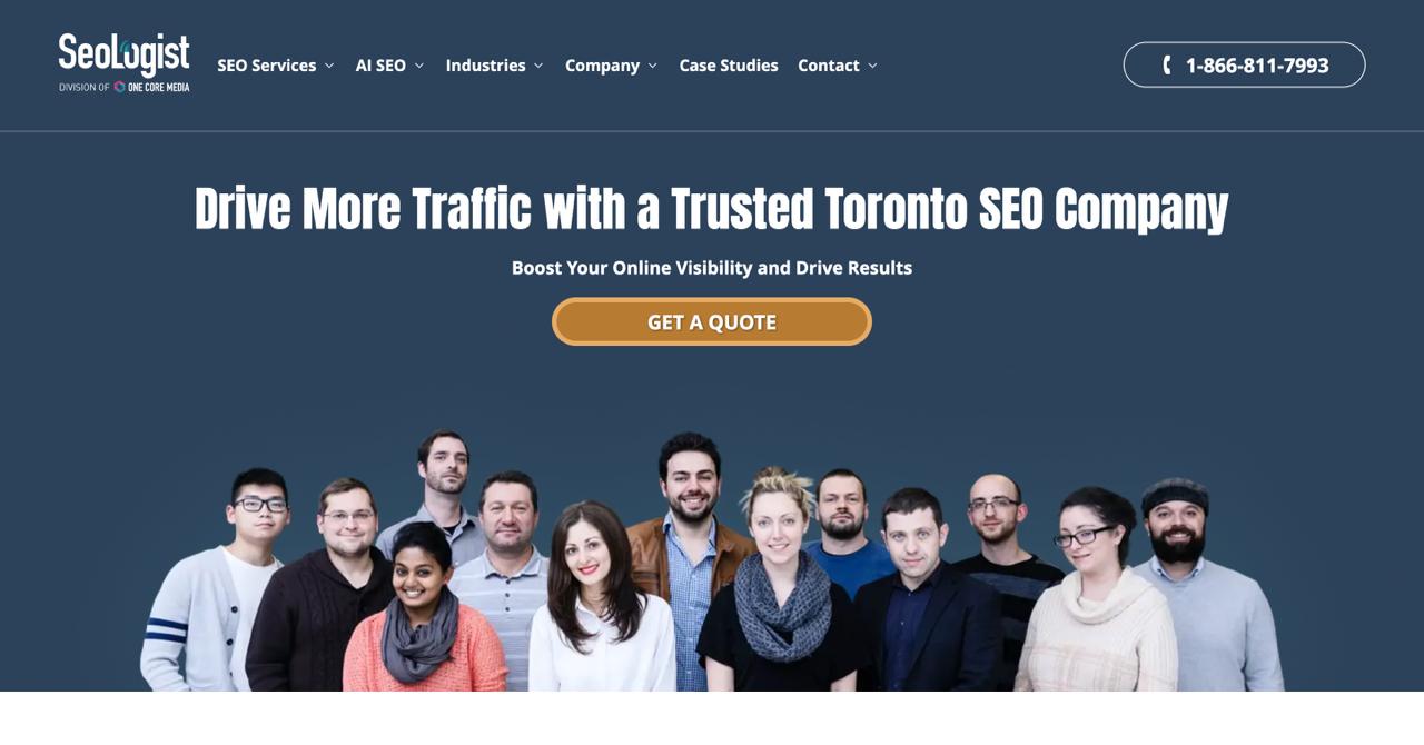 La homepage di Seologist mostra i servizi specializzati di AI SEO per i servizi finanziari e le industrie regolamentate in Canada e negli Stati Uniti.