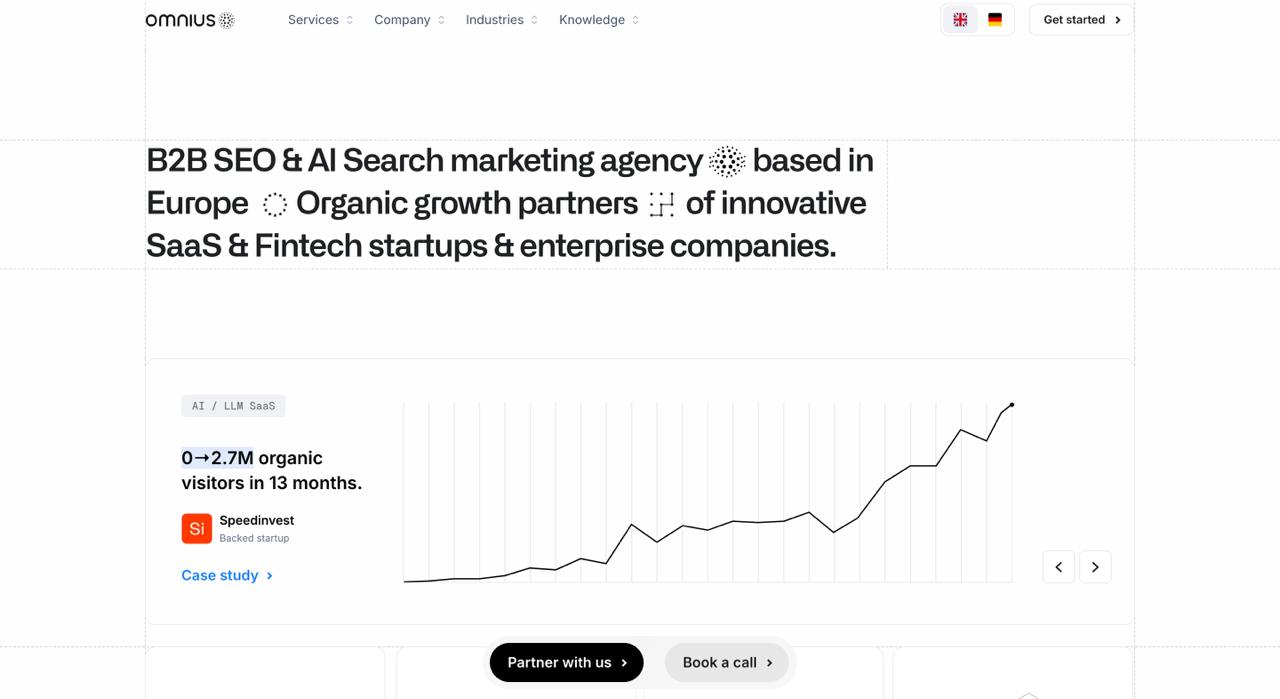 Página inicial da Omnius que apresenta os serviços de SEO B2B SaaS e Fintech AI com o software de rastreio AtomicAGI para pesquisa generativa