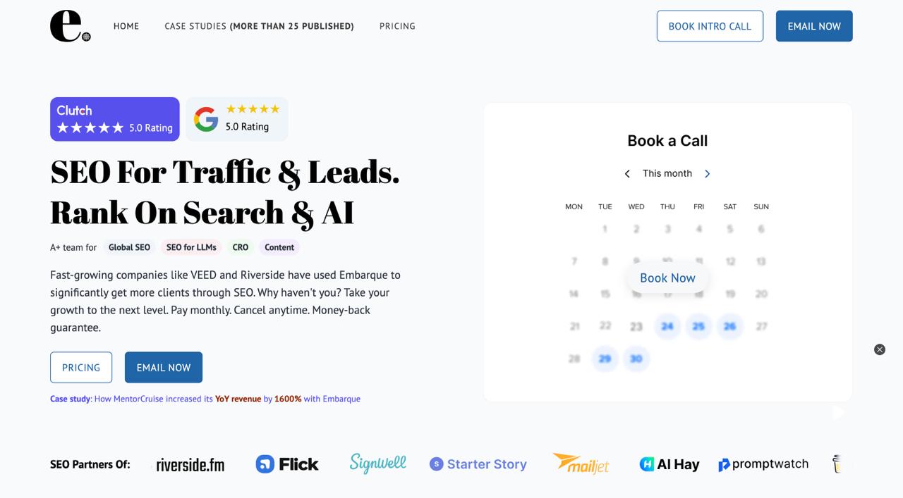 Página inicial do Embarque com destaque para os serviços de SEO programático baseados em IA para startups tecnológicas com estratégias de conteúdo orientadas para a conversão