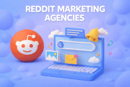 Illustration 3D douce d'agences de marketing Reddit comprenant le logo Reddit, un ordinateur portable bleu avec des icônes de marketing, des formes d'arrière-plan arrondies et un texte de titre en gras.