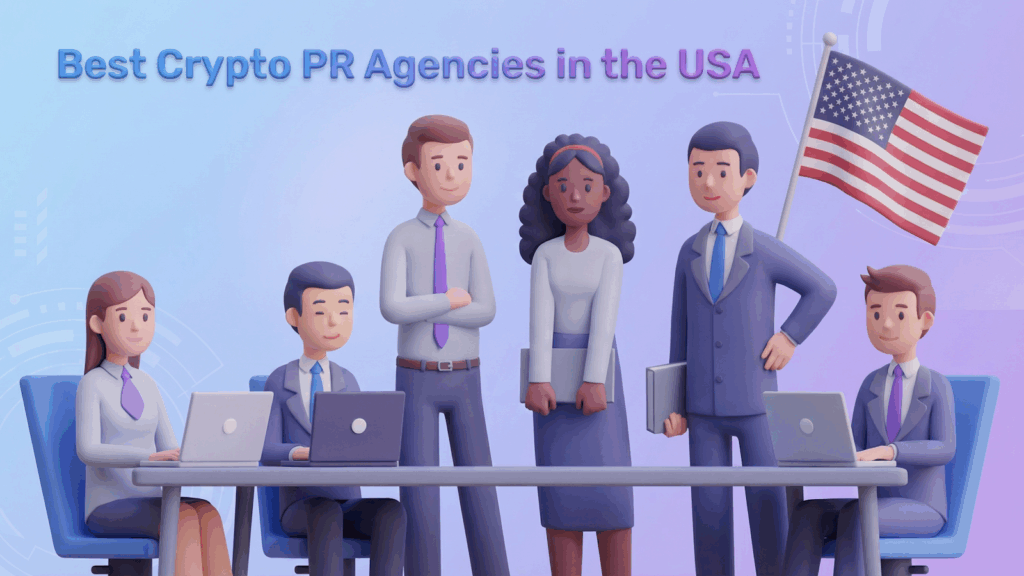Best crypto PR agencies in the USA illustrated team of blockchain marketing professionals with American flag representing top Web3 public relations firms.