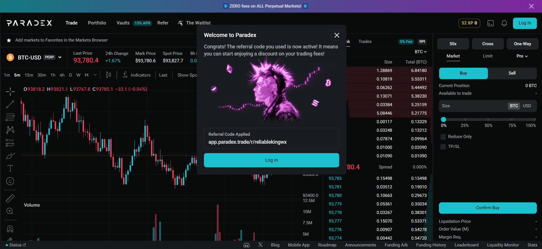 На экране приветствия Paradex отображается успешно примененный реферальный код reliablekingwx_ с подтверждением скидки на торговый сбор.