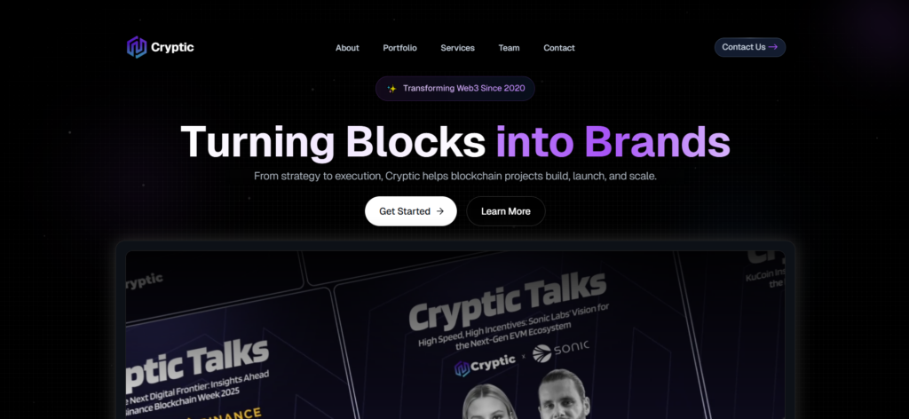 الصفحة الرئيسية لوكالة Cryptic للتسويق المتكامل لخدمات Web3، الموثوقة من قبل Binance وBybit وOKX لتعزيز تبني العملات الرقمية عالمياً.