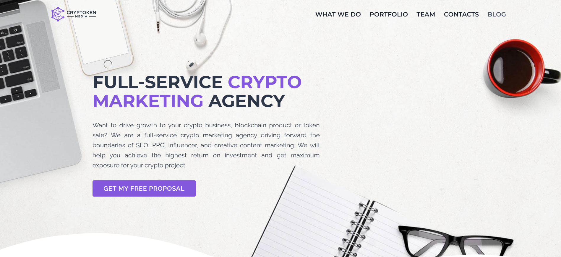 الصفحة الرئيسية لوكالة Cryptoken Media لتسويق العملات الرقمية كاملة الخدمات التي تتميز بخدمات المؤثرين في PPC وخدمات SEO للعلامات التجارية للبلوك تشين.
