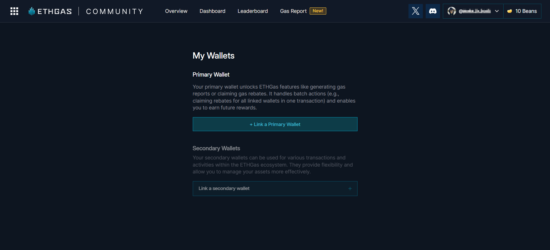 ETHGasウォレット管理インターフェイスには、プライマリウォレット接続ボタンとガスレポート用のセカンダリウォレットリンクオプションが表示されます。