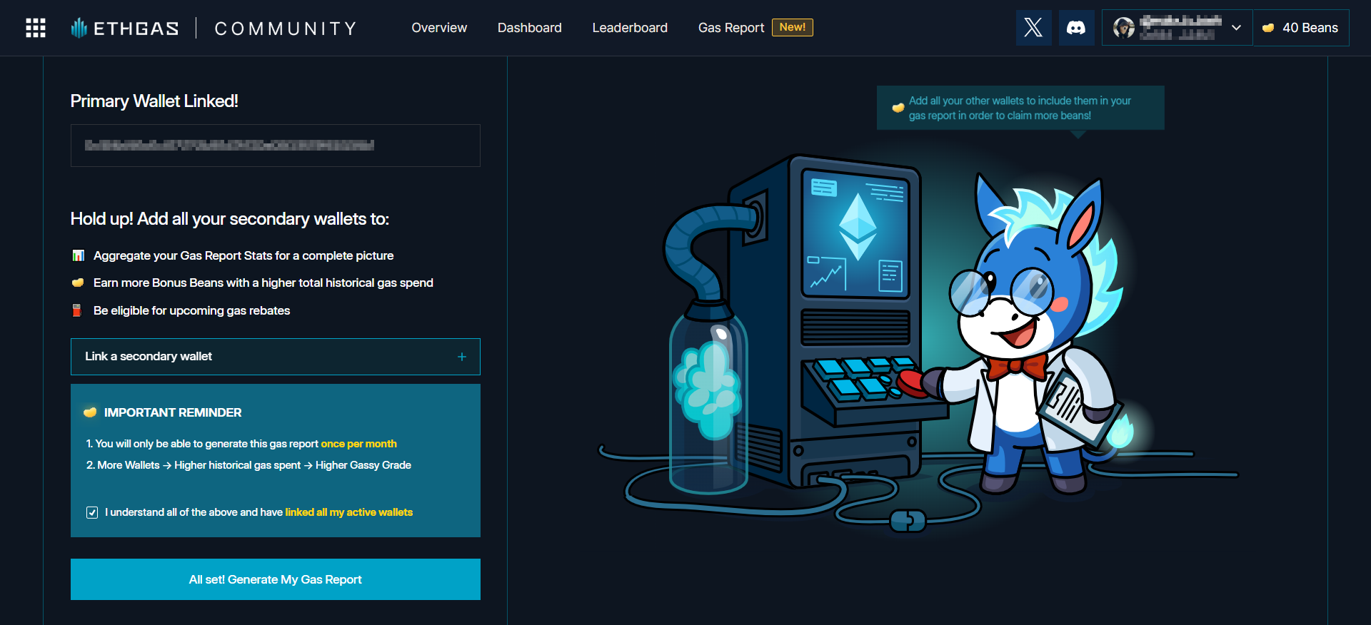ETHGasウォレットアグリゲーション画面では、リンクされたプライマリウォレットが表示され、最大ボーナスBeanのためにセカンダリウォレットを追加するようリマインダーが表示されます。