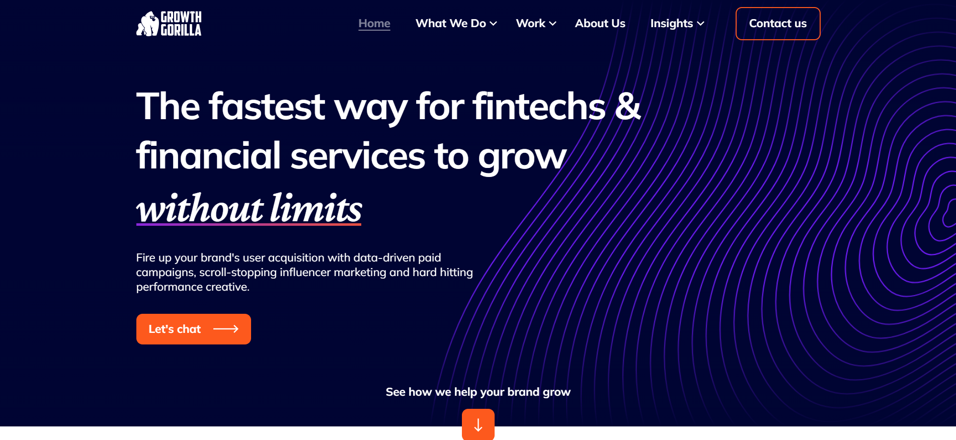 الصفحة الرئيسية لوكالة Growth Gorilla المتخصصة في التكنولوجيا المالية في مجال PPC، والتي تقدم إعلانات مدفوعة قائمة على البيانات وخدمات تسويق المؤثرين.