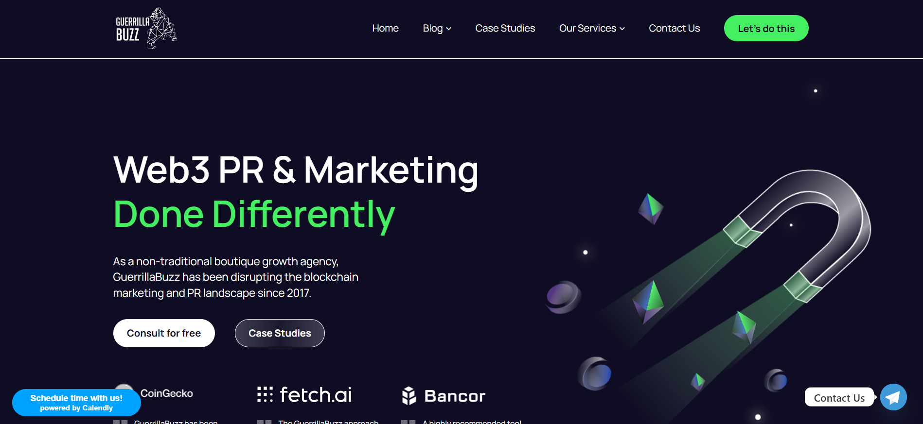 GuerrillaBuzz Web3 公关和营销公司主页,介绍有机增长战略,并带有 CoinGecko、Fetch.ai 和 Bancor 客户徽标。
