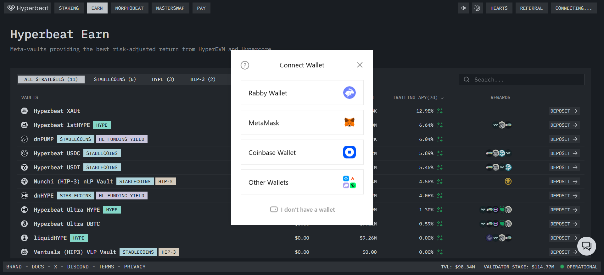 HyperEVM DeFiアクセス用のMetaMask、Rabby、およびCoinbaseウォレットオプションを表示するHyperbeatウォレット接続モーダル。