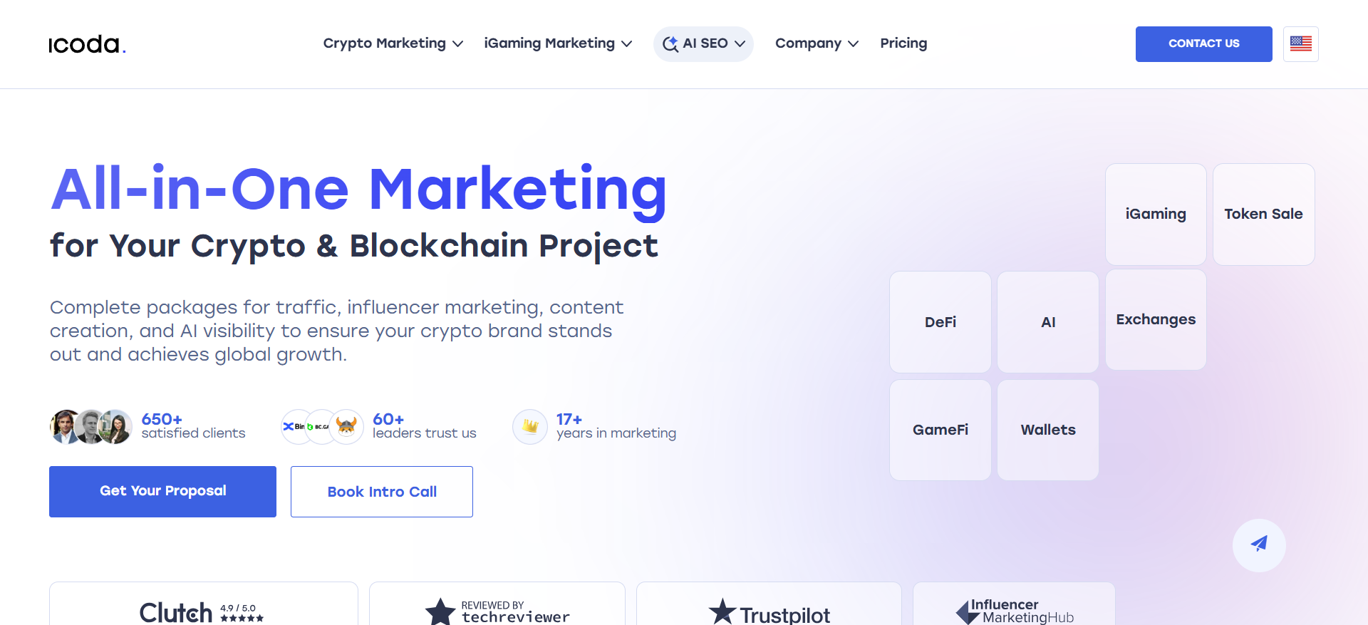 الصفحة الرئيسية لوكالة ICODA المتكاملة لتسويق العملات الرقمية والبلوك تشين التي تقدم خدمات AI SEO وتسويق PPC لمشاريع الويب3.