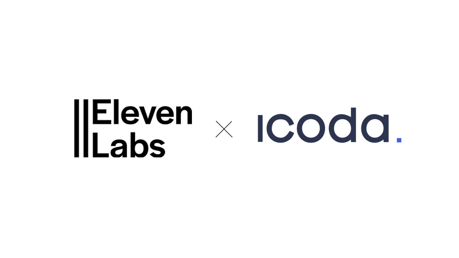 A minimalist collaboration graphic featuring the ElevenLabs logo and the ICODA logo side-by-side, separated by a black 
