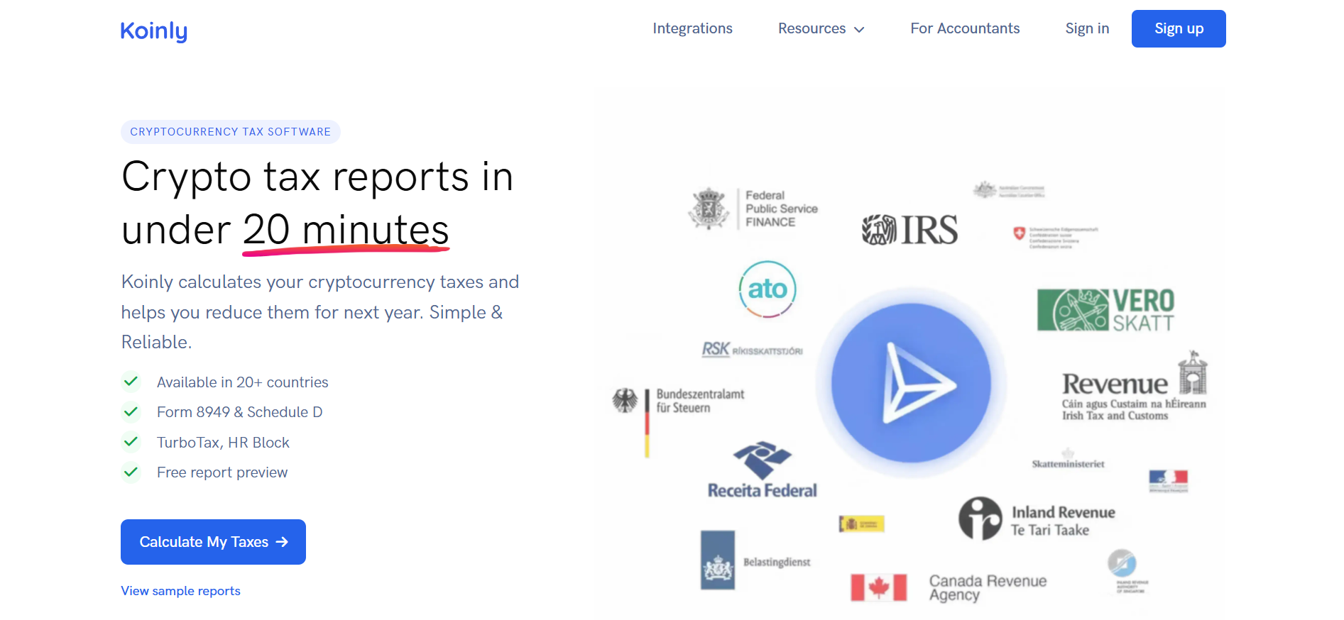 Koinlyホームページでは、20分以内にIRS、ATO、国際税務当局のロゴ入りの暗号税務レポートを表示します。
