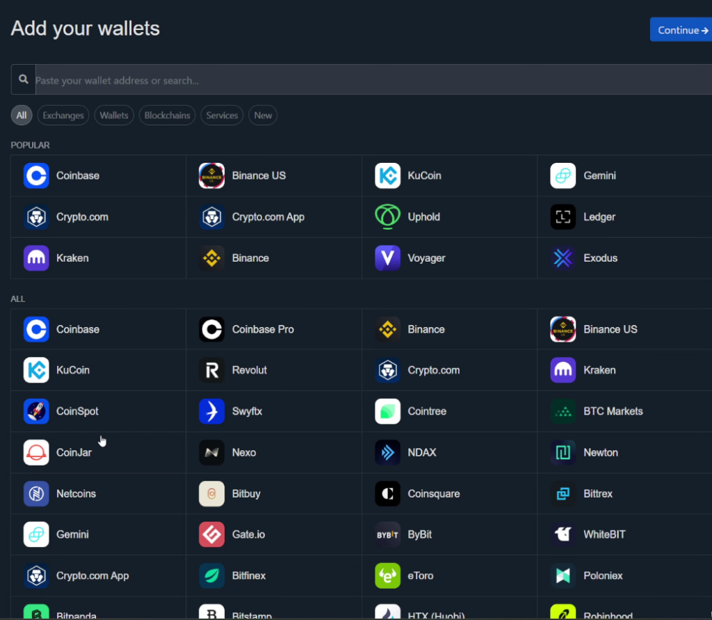 Koinlyウォレットの接続画面には、Coinbase、Binance、Kraken、Geminiを含む800以上の対応取引所が表示されます。