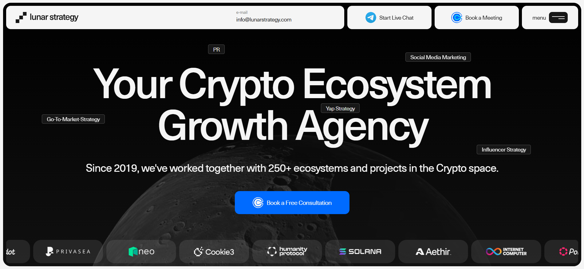Lunar Strategy 加密生态系统增长机构主页显示与 Solana、Neo 和 Cookie3 在 Web3 营销活动方面的合作关系。