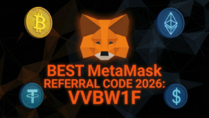 Реферальный код MetaMask VVBW1F 2026 Промо-баннер с логотипом лисы и иконками криптовалют.