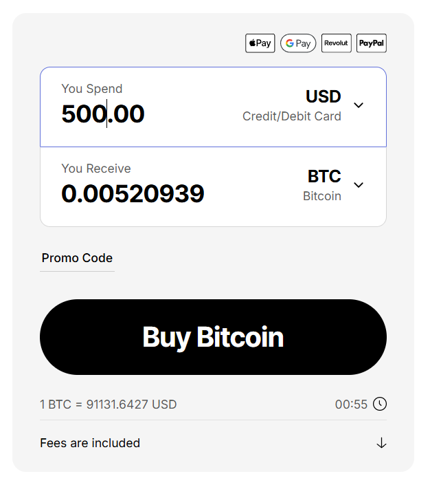 Paybis暗号通貨計算機は、500米ドルで0.00520939 BTCをApple PayやGoogle Payを含む複数の支払い方法で購入することを示しています。