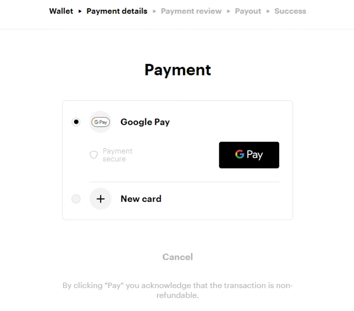 クレジットカードまたはデビットカードでビットコインを購入するためのPaybisチェックアウトページのGoogle Pay支払いオプション。