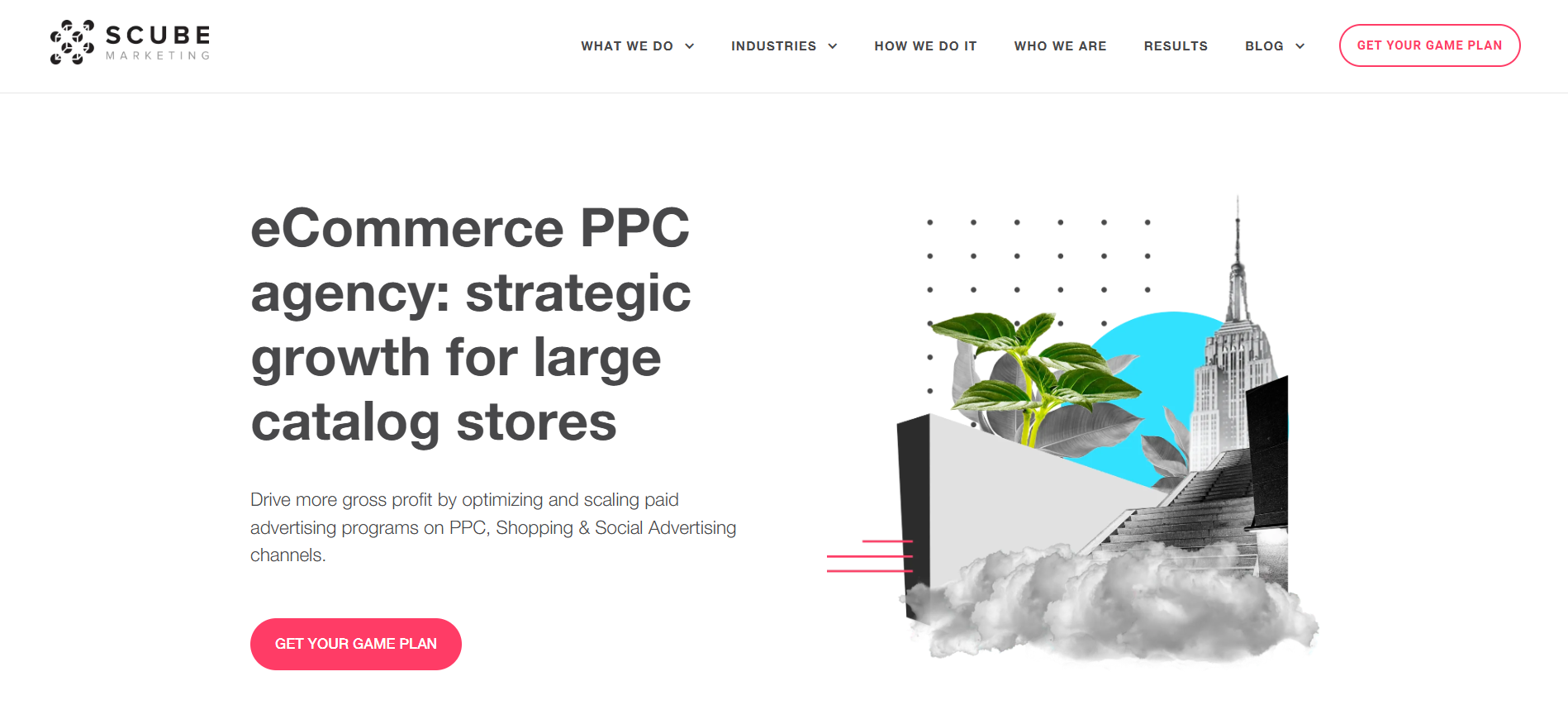 الصفحة الرئيسية لوكالة SCUBE لتسويق PPC للتجارة الإلكترونية التي تعرض خدمات النمو الاستراتيجي لمتاجر الكتالوجات الكبيرة.