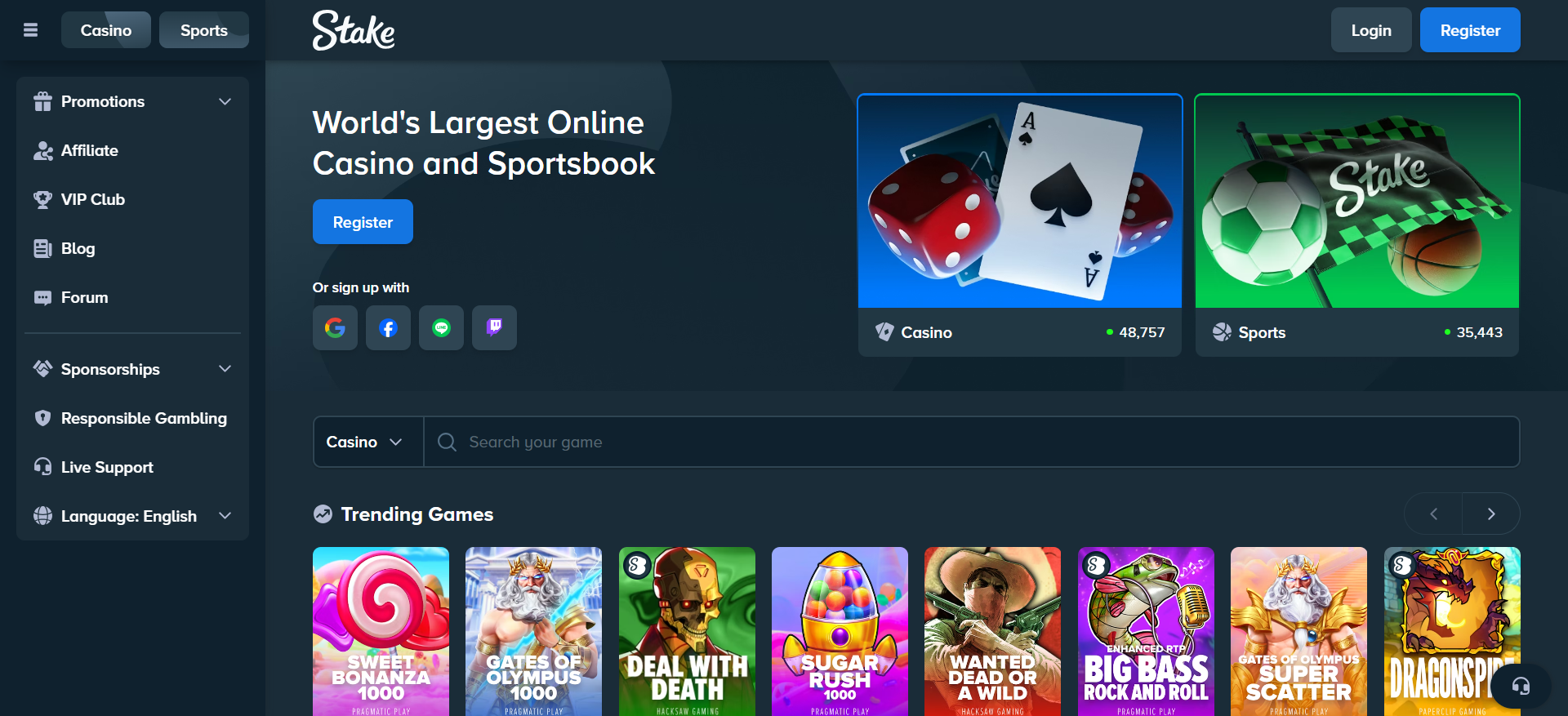 Stake.comのホームページには、暗号カジノとスポーツブックのインターフェイス、トレンドゲーム、VIPクラブ、紹介コードICODAユーザー向けのアフィリエイトプログラムが表示されています。