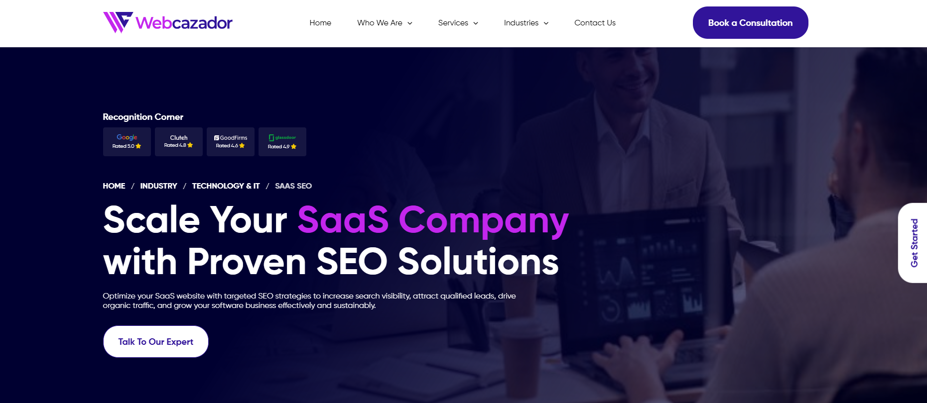 Webcazador homepage. AI SEO agency for Saas, B2B, health, e-commerce, fintech, education & more.