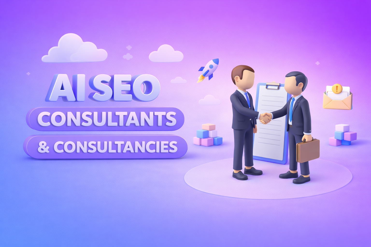Illustration 3D de consultants en SEO se serrant la main avec un presse-papier et des icônes SEO sur un fond dégradé bleu-violet.