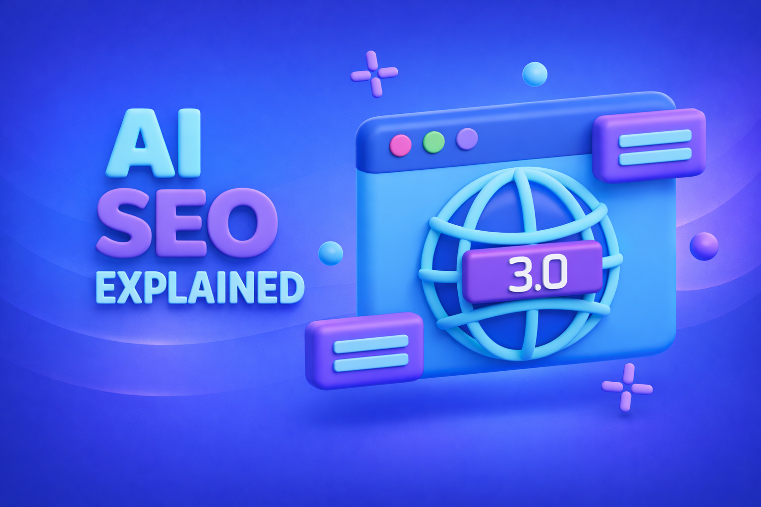 Soft 3D illustration of an AI SEO concept with rounded browser window, globe icon labeled 3.0, and bold ‘AI SEO Explained’ text on a blue and purple tech-themed background.