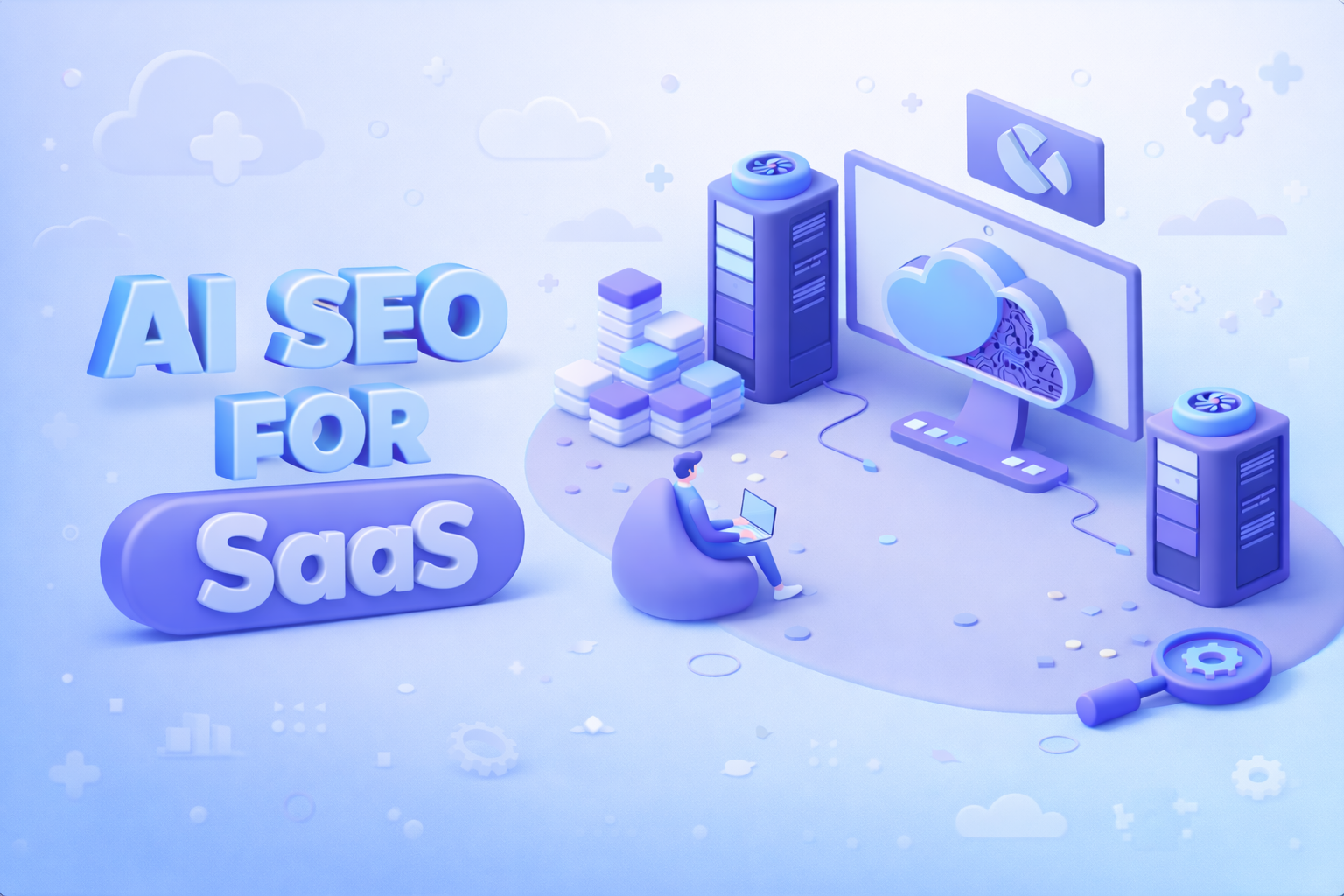 Solution SEO alimentée par l'IA pour les plateformes SaaS illustrée dans un style 3D moderne.