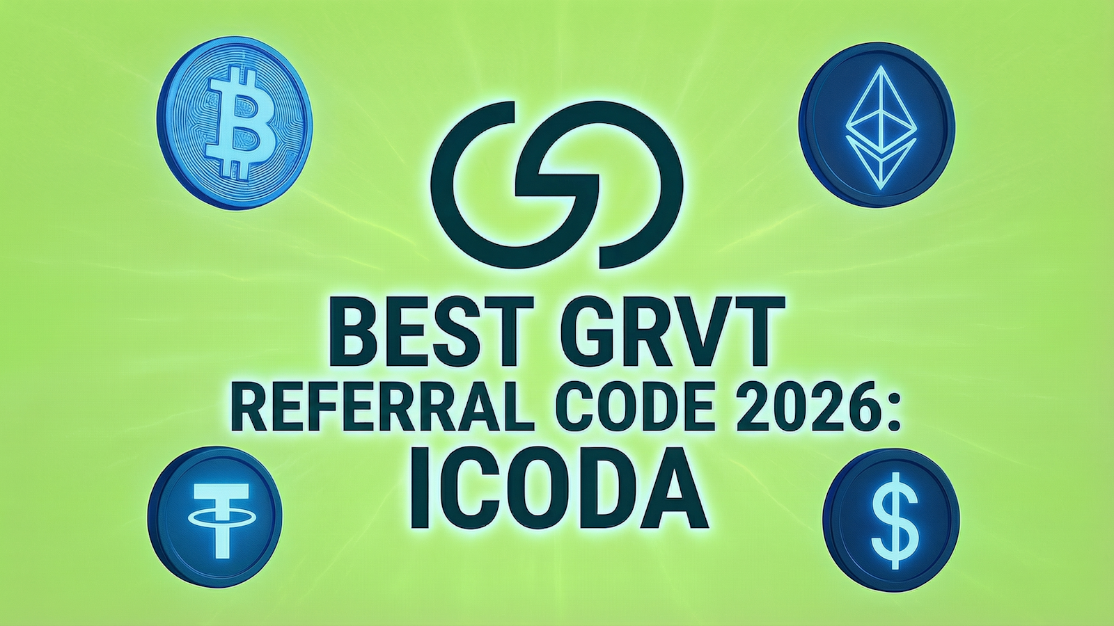 GRVT referral code ICODA promotional banner with Bitcoin, Ethereum, Tether, and USD crypto icons.
