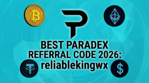 Best Paradex referral code 2026 reliablekingwx with Bitcoin, Ethereum, Tether and USDC icons for XP bonus and DIME airdrop.
