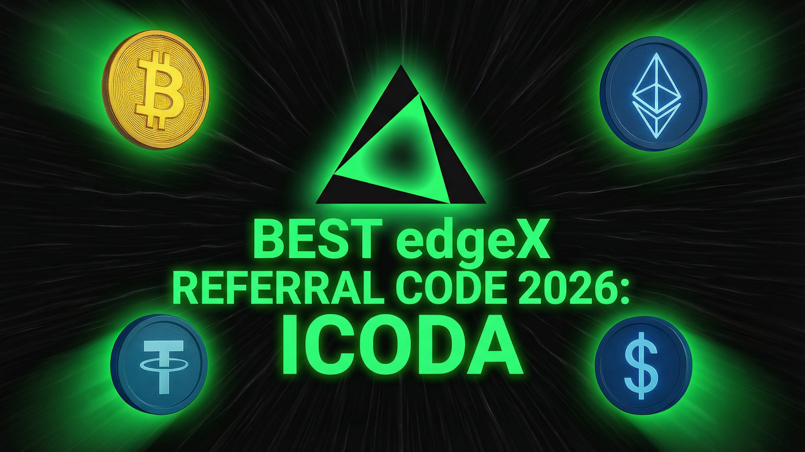 Промо-баннер с реферальным кодом edgeX ICODA 2026 с иконками Bitcoin, Ethereum, Tether и USD.