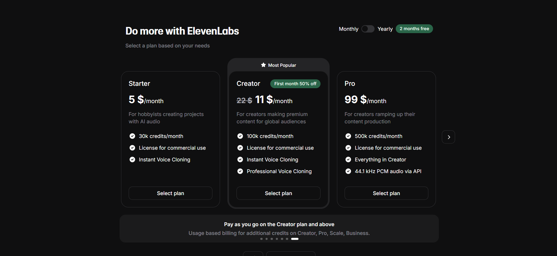  ElevenLabs pricing page detailing Starter, Creator, and Pro subscription plans.