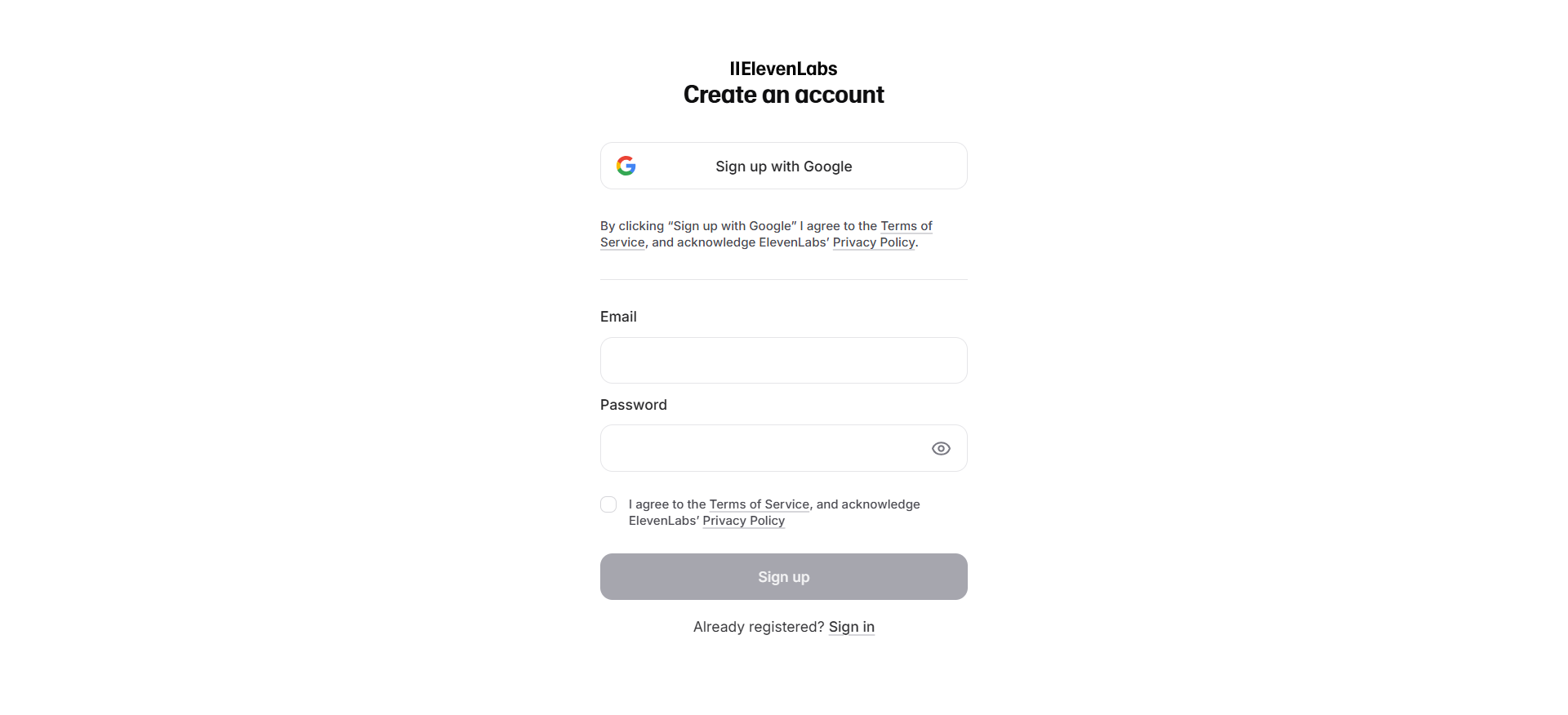ElevenLabs registration page offering Google and Email sign-up methods.