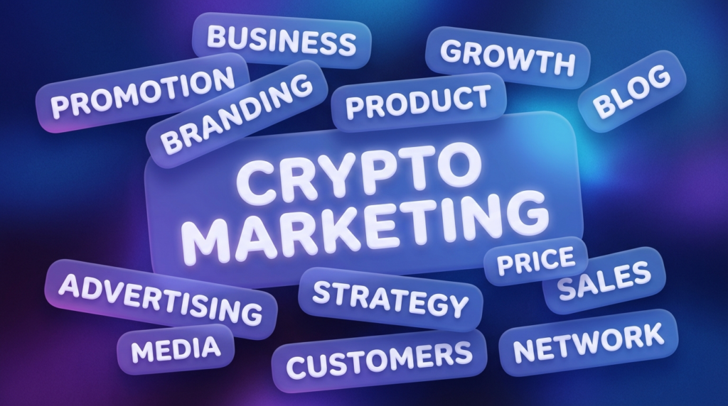 سحابة كلمات لخدمات تسويق العملات الرقمية تُظهر قدرات شركة تسويق متكاملة الخدمات بما في ذلك استراتيجية العلامة التجارية والنمو الإعلاني والترويج.