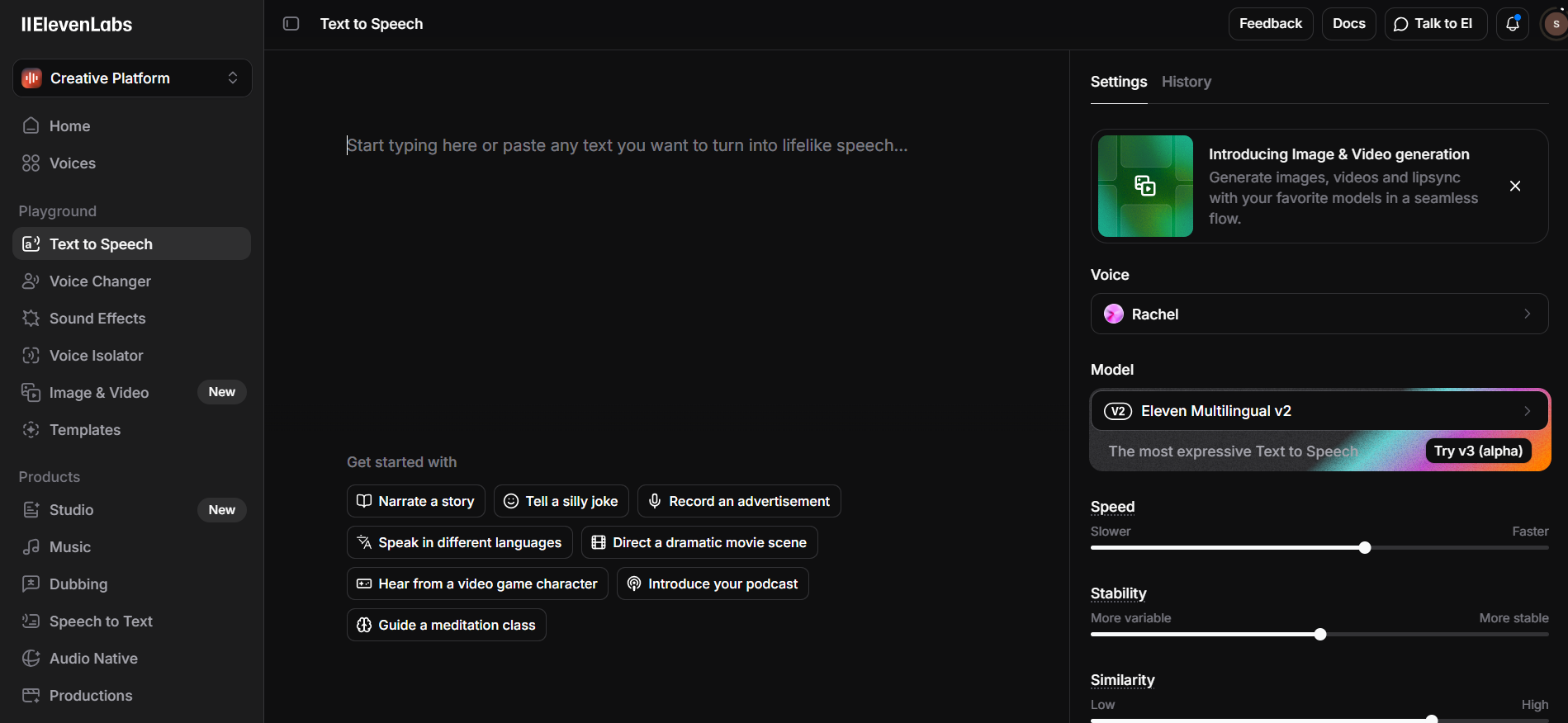 The main ElevenLabs dashboard showing the Text to Speech playground and settings.