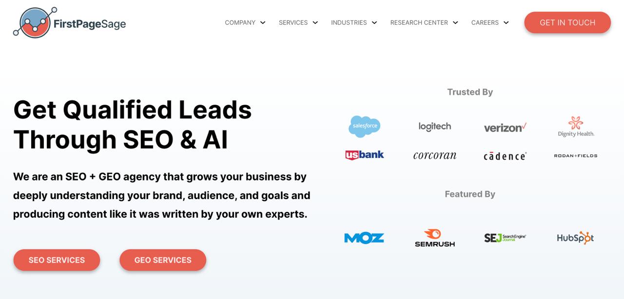 Page d'accueil First Page Sage présentant une méthodologie d'optimisation générative des moteurs basée sur le contenu pour des clients SaaS, notamment Salesforce et SoFi.