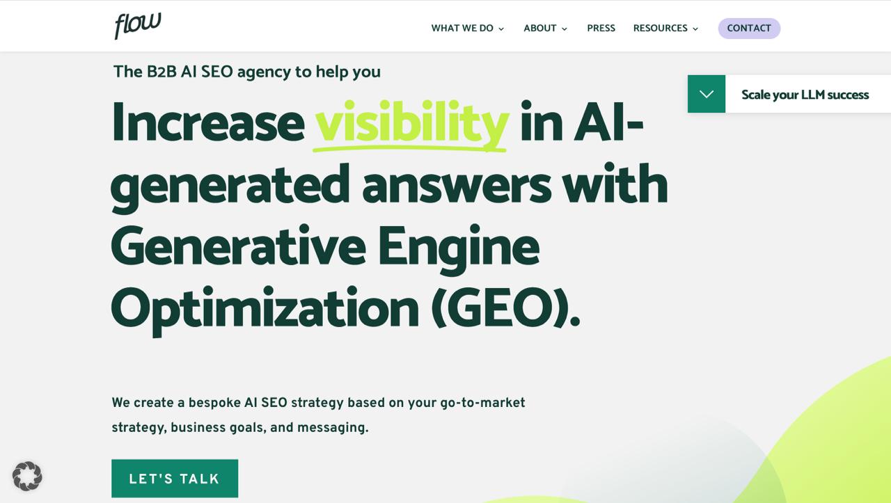 La page d'accueil de l'agence Flow présente les services de marketing de recherche SaaS B2B avec le tableau de bord LLMO qui suit les taux de conversion jusqu'à 2,3 % à partir des plateformes de recherche AI.