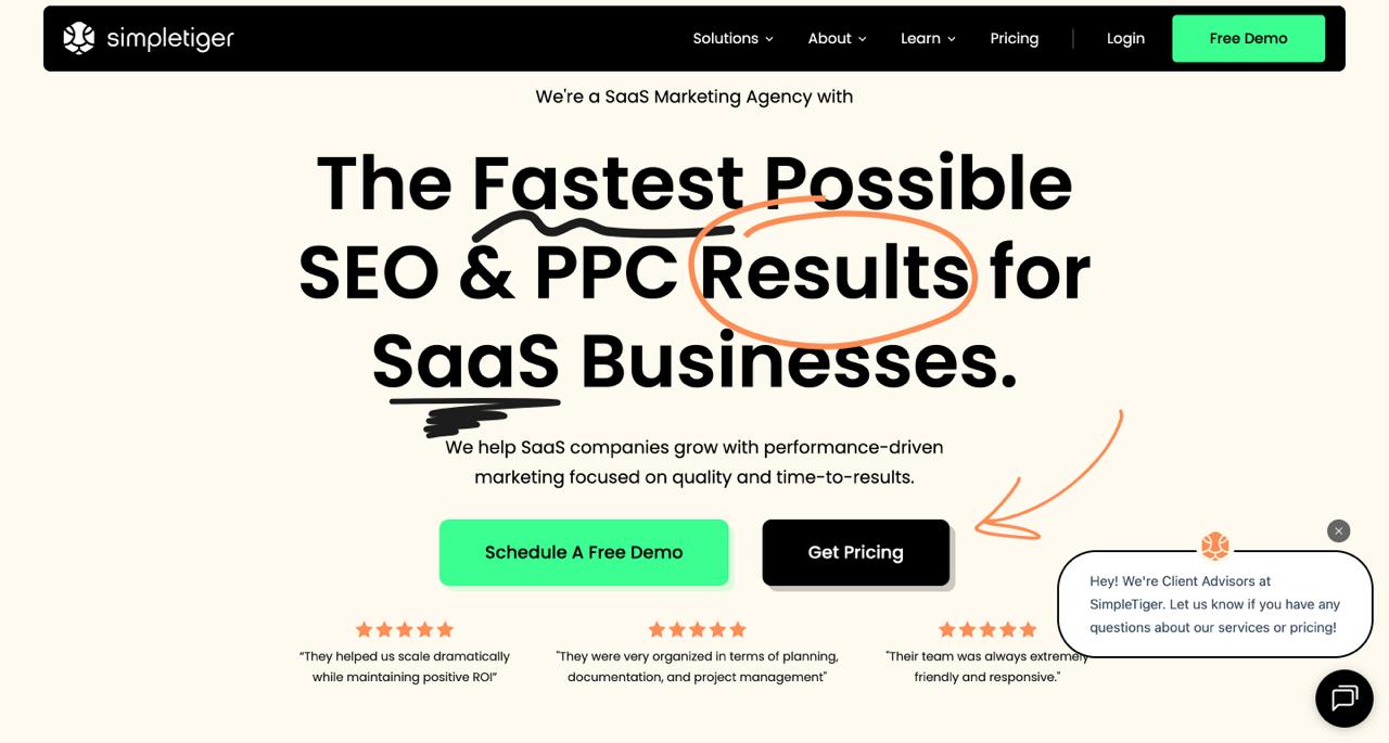 Page d'accueil de SimpleTiger présentant des systèmes SEO AI-first pour la mise à l'échelle des plateformes SaaS avec une analyse d'apprentissage automatique à travers 200 facteurs de classement pour des aperçus rapides.