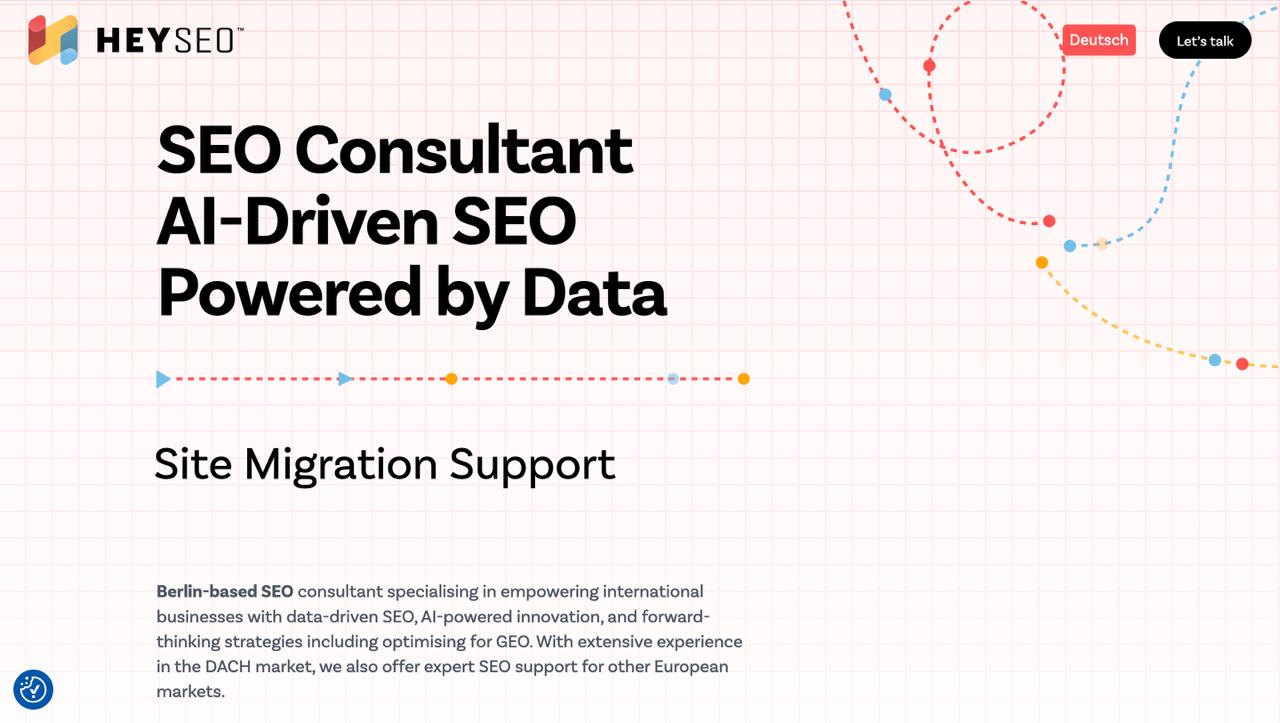 Домашняя страница HeySEO демонстрирует основанные на данных SEO и GEO консалтинговые услуги для компаний рынка DACH в технологическом и финансовом секторах