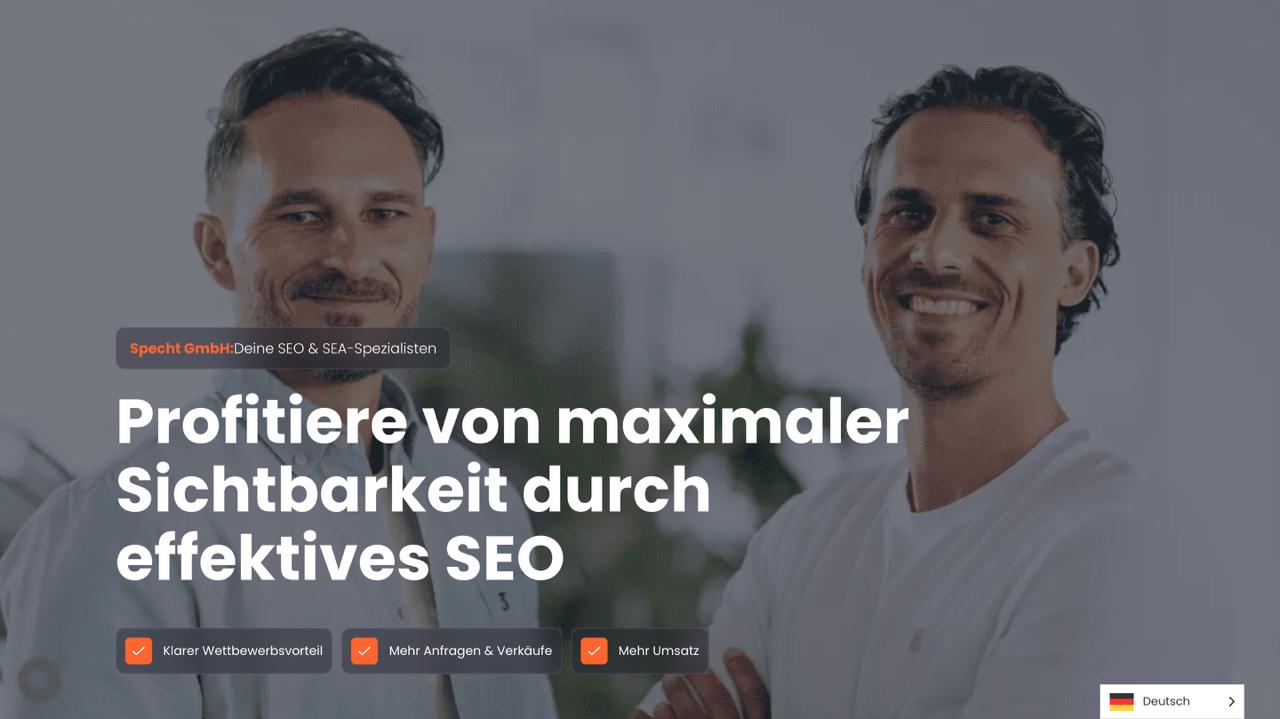 Главная страница Timo Specht GmbH, подчеркивающая локальное SEO в Мюнхене в сочетании с видимостью ИИ-поиска в Google AI Overviews и ChatGPT для региональных предприятий